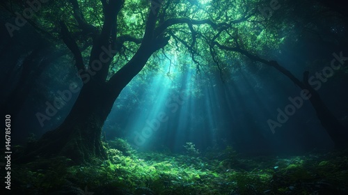 Mystical forest scene. Sunlight streams through the canopy of a large tree, illuminating a dark, lush forest floor photo