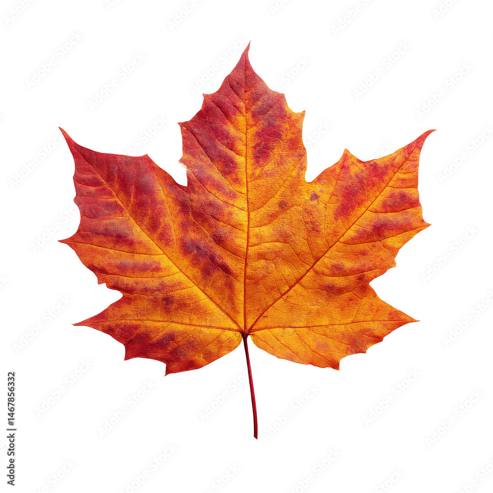 Obraz premium A vibrant maple leaf showcasing autumnal colors against a plain background. The leaf displays shades of orange, yellow, and red, with intricate veining