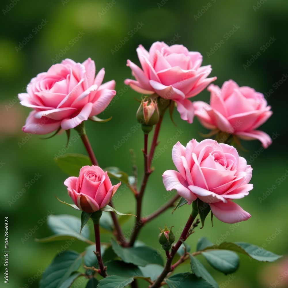 Fototapeta premium Elegant pink rose bush, graceful stems, individual blossoms , vibrant pink, rose bloom, single stem rose