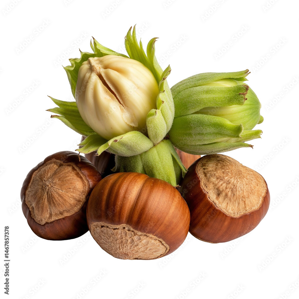 Fototapeta premium Fresh Hazelnuts in Shells and Husks Isolated on a transparent background