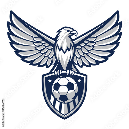A majestic, stylized falcon with wings outstretched, dramatically positioned above a vibrant soccer ball; dynamic, artistic rendering.