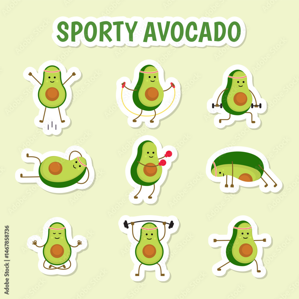 Obraz premium Cartoon Color Characters Avocado Sport Stickers Set Fitness Gym Concept Flat Design Style. Vector illustration of Sticker