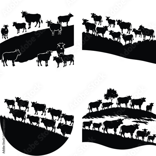 Black And White Silhouette Illustration Of Cows Grazing On Hills Vector Set