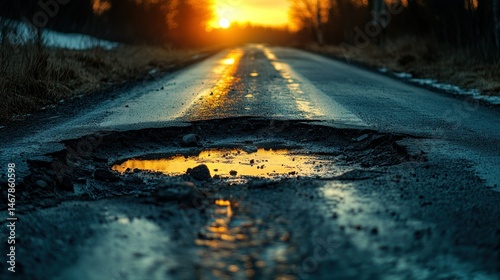 Obraz na płótnie Pothole on a road at sunset