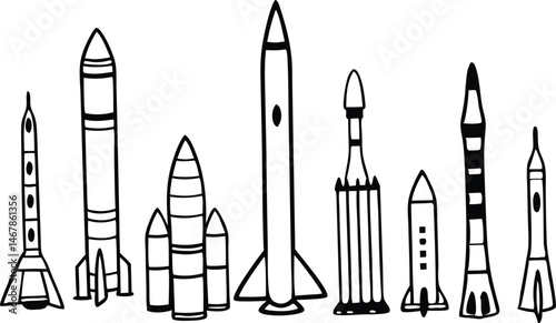 Set of rocket vector icons. Launch spaceship or spacecraft. Rocket fast flying for space. New business start up. Military Air Missiles. Threat of nuclear war.  Missile system on the background of suns