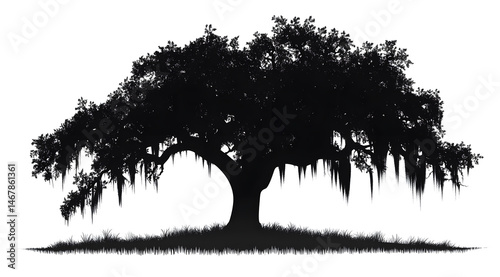 Majestic Oak Tree Silhouette: A grand, mature oak tree stands silhouetted against a bright backdrop. Showcasing its impressive sprawling branches and cascading Spanish moss.