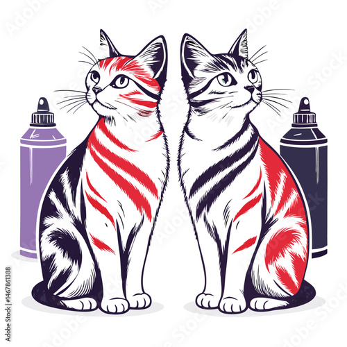 Two identical tabby cats, wearing matching harnesses, playfully spray paint a wall, showcasing vibrant graffiti art.