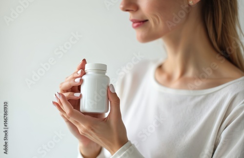 Woman holding white bottle of health supplements. Focus on hand and product. Person uses daily vitamins, minerals. Healthy lifestyle concept for beauty, wellness. Immune support, skincare.