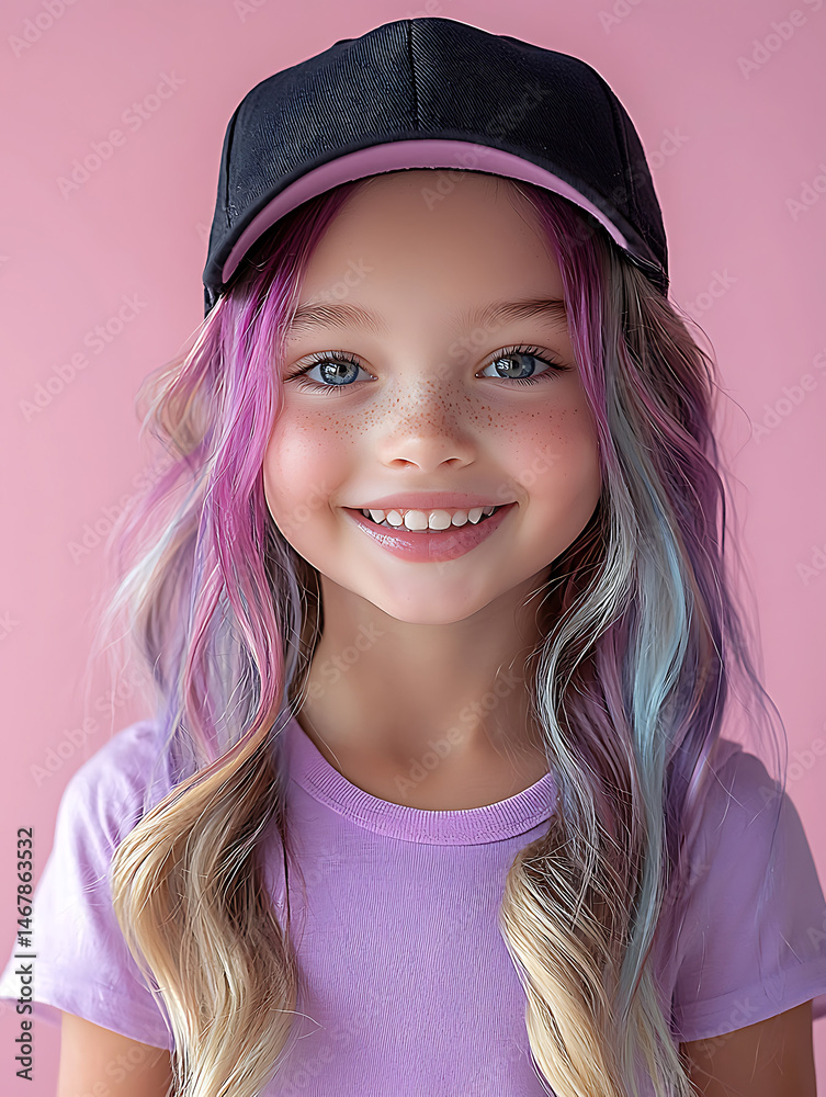 Smiling young girl with blue eyes and pastel-colored hair tips wearing a dark cap against a soft pink backdrop. Smiling young girl with blue eyes and pastel-colored hair tips wearing a dark cap against a soft pink backdrop.