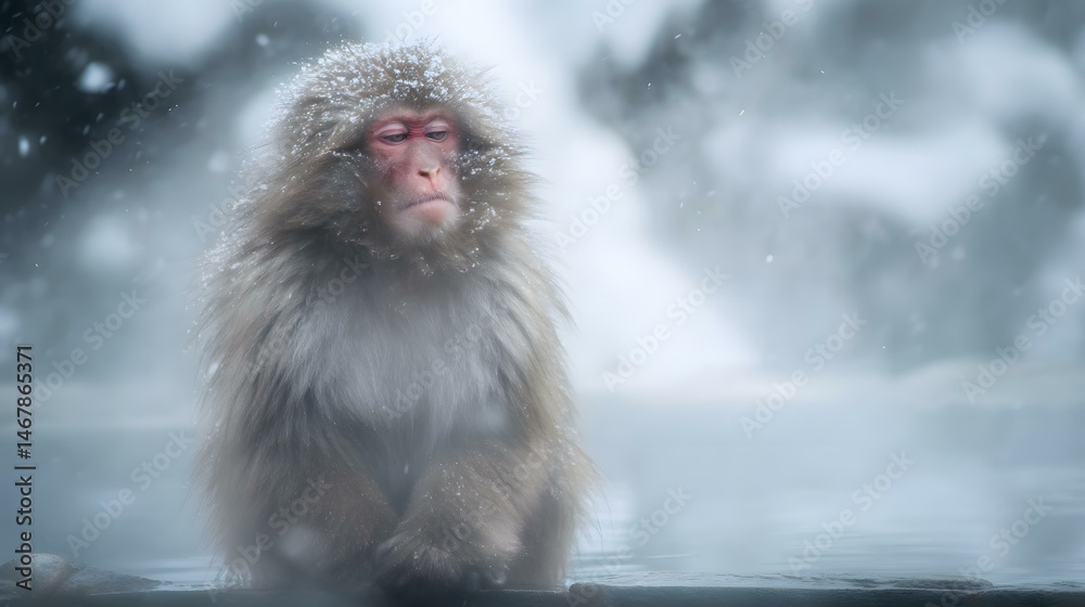 Naklejka premium Japanese Macaque Sitting Beside Hot Spring with Snowfall
