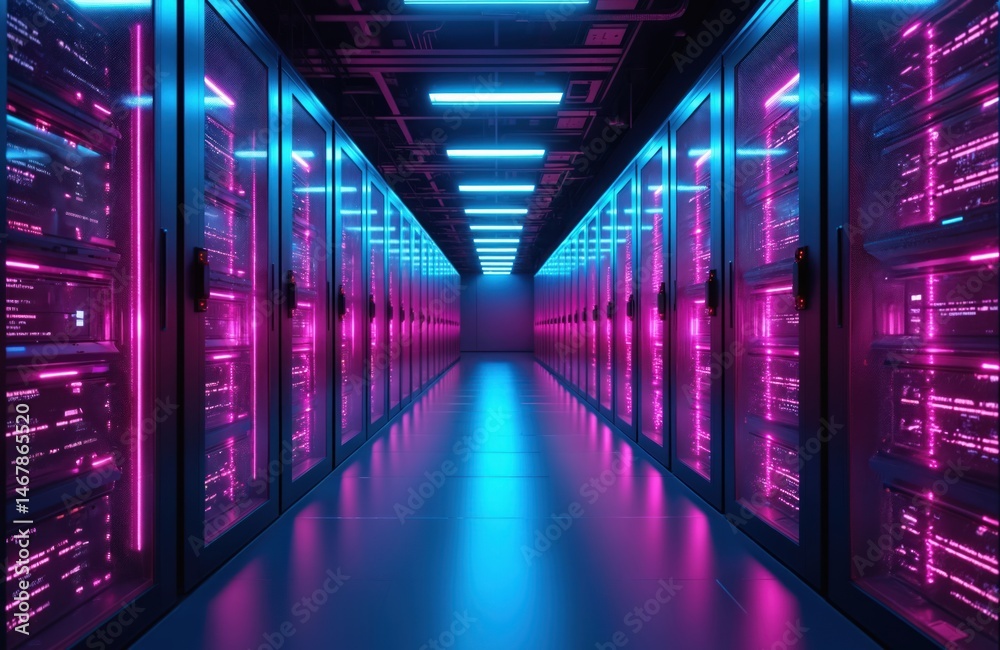 Fototapeta premium Futuristic data center with rows of servers in neon blue, purple lights. Cybersecurity concept data storage infrastructure. Tech environment with high-tech server room. Digital transformation, high