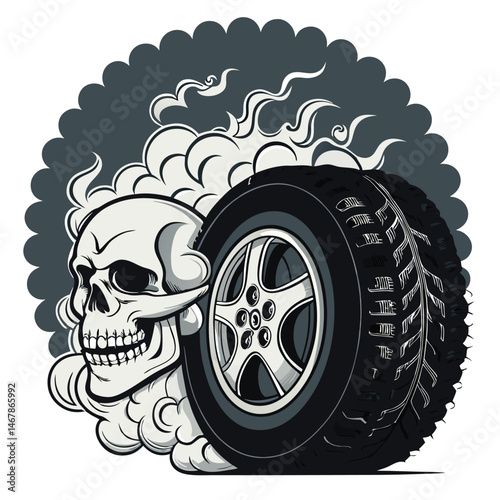 Create a dramatic image of a tire burnout, with thick black smoke forming skull shapes against a dark background.  Focus on the smoke's texture and detail.