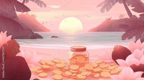 Aesthetic pixel art coastal scene showcasing nostalgic charm with sunset vibes and floral accents creating serene visuals