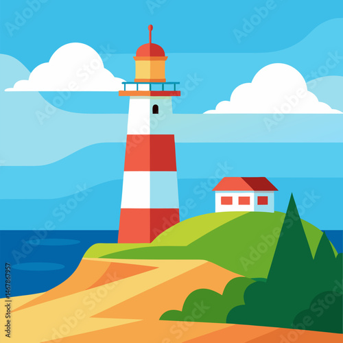 Lighthouse on the coast landscape vector background.