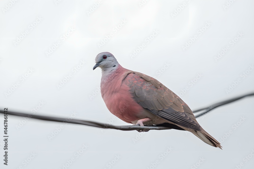 Fototapeta premium Red Turtle Dove Male Perched Calmly on Cable Under Overcast Sky