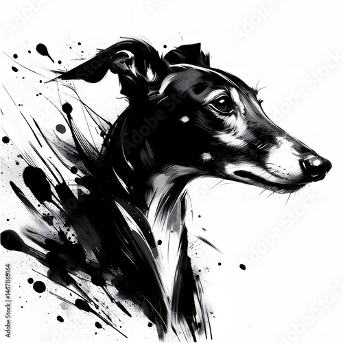 역동적인 잉크 분사 표현을 한 그레이하운드 흑백 추상화, jpeg (A greyhound black-and-white abstraction with dynamic ink jet expression, jpeg)