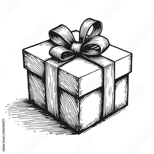 Gift box drawing, monochrome sketch style, for celebrations
