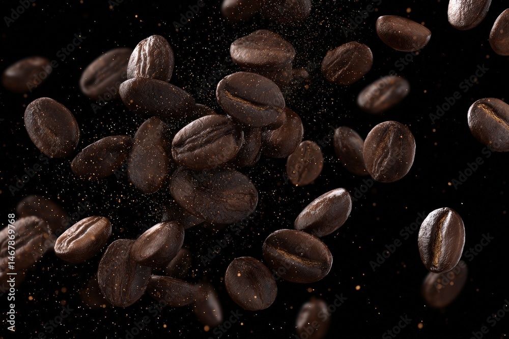 Obraz premium Roasted coffee beans levitate against a black background, showcasing their rich, dark brown tones.