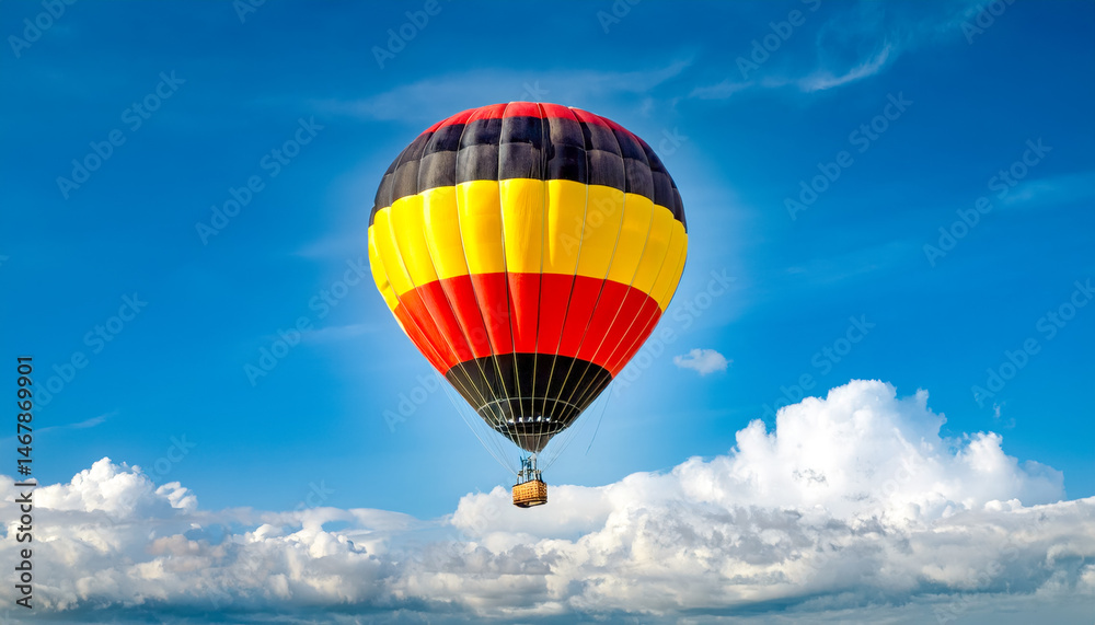 Fototapeta premium Colorful hot air balloon with German colors flag floating high in a clear blue sky on a sunny day
