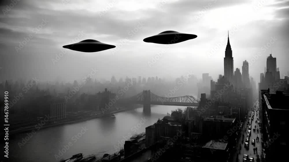 Two classic UFOs fly in formation above hazy riverfront skyline Two classic UFOs fly in formation above hazy riverfront skyline
