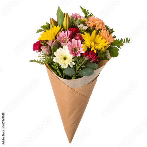 Colorful bouquet of flowers wrapped in brown paper cone