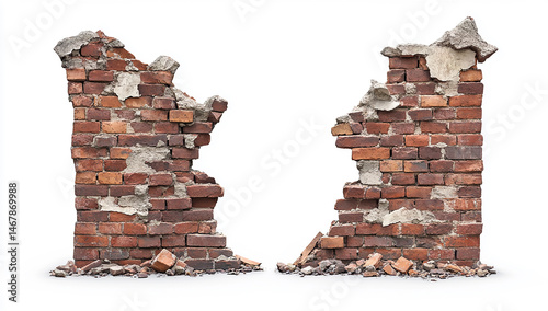 Two brick walls, one half of which is broken and falling apart with rubble on a white background