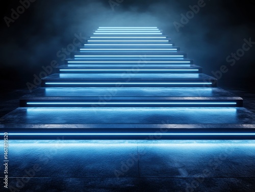 Futuristic concrete steps illuminated by vibrant blue neon lights, leading upwards into a smoky, dark space
