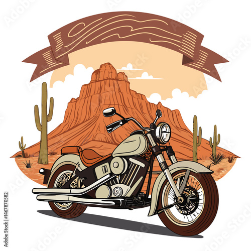 A weathered vintage motorcycle, possibly a Harley-Davidson, rests against a dramatic backdrop of desert mountains at sunset.  Dust motes dance in the golden light.