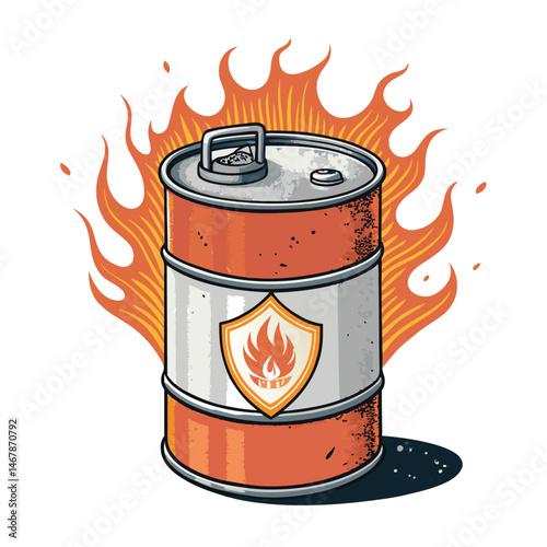 A vintage, rusty red oil can, leaking and spilling vibrant orange flames, set against a dark background.  Focus on the fiery detail and metallic texture.
