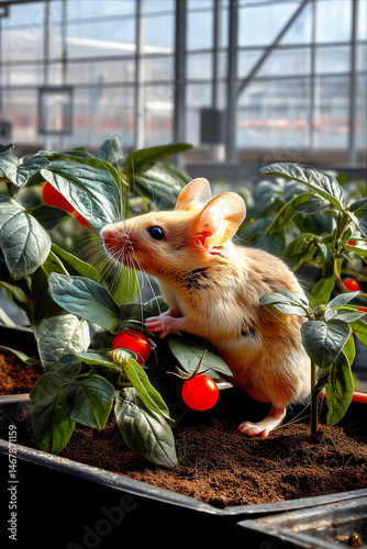 Cute golden mouse perched among green leaves and small red tomatoes in a greenhouse. photo