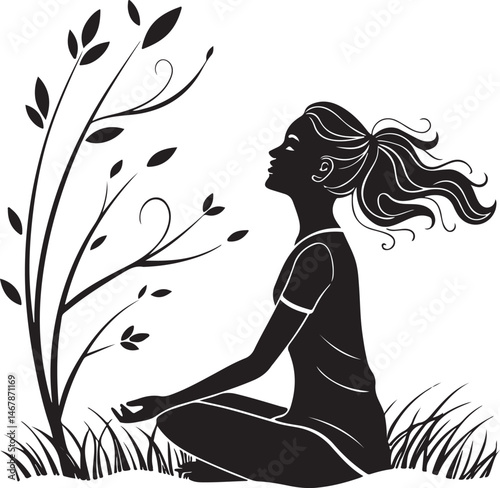 Silhouette of a Woman Meditating in Nature with Floral Elements