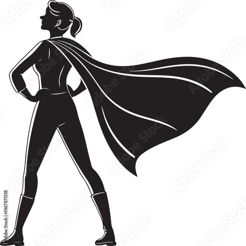 Silhouette of Confident Female Superhero with Flowing Cape and Power Pose