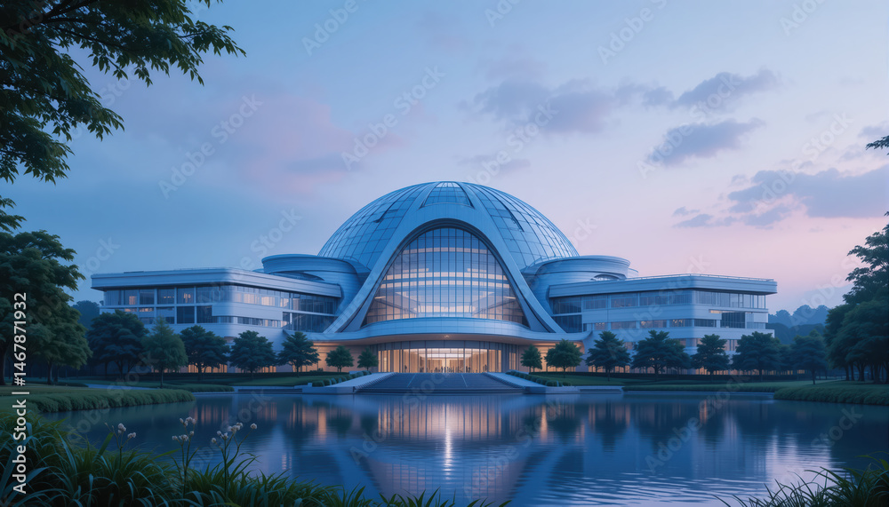 Fototapeta premium A futuristic hospital with a large glass dome, a sleek and modern cancer treatment center in the foreground, surrounded by lush greenery and a serene lake. 