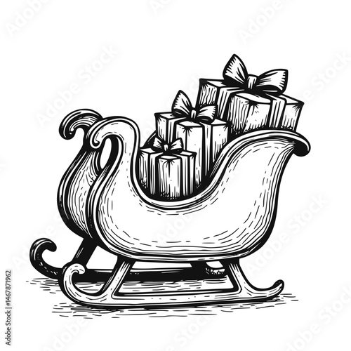 Christmas sleigh with gifts, black and white illustration, for holiday cards