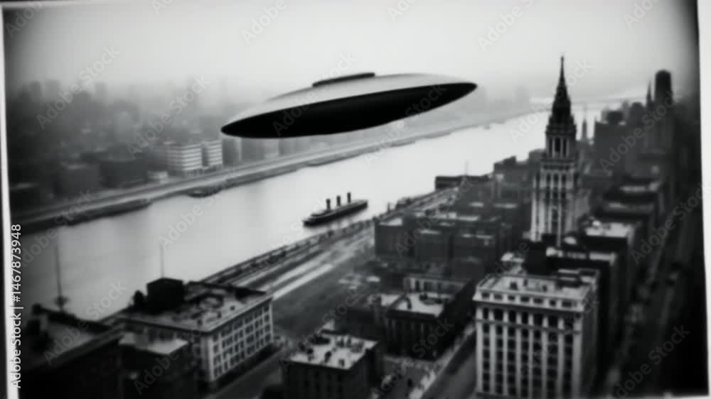 Classic disc-shaped UFO floats beside tall New York skyline