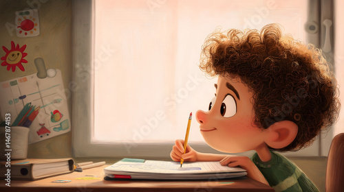Illustration of a boy taking notes with a pencil with his thoughtful look