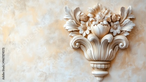 Ornate floral relief sculpture on a wall.  The design features intricate leaf and flower patterns