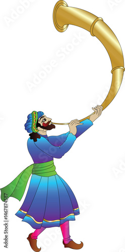 Indian wedding trumpet players were drawn in Indian folk art, Rajasthani style. for textile printing, logo, wallpaper, and wedding card, wedding.