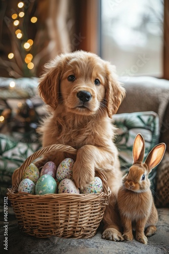 Cute puppy and bunny with Easter eggs. AI.