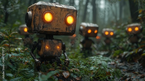 Rusty robots in a mystical forest. AI.