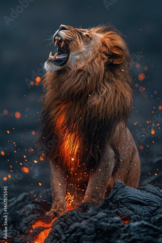 Majestic lion in fiery landscape. AI.