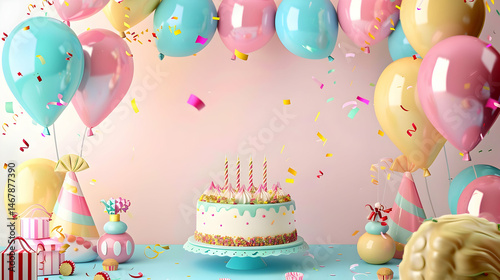 stockphoto, birthday photo frame template with balloons and cake. Beautiful template design for birtday card, birthday invitation, greeting card.