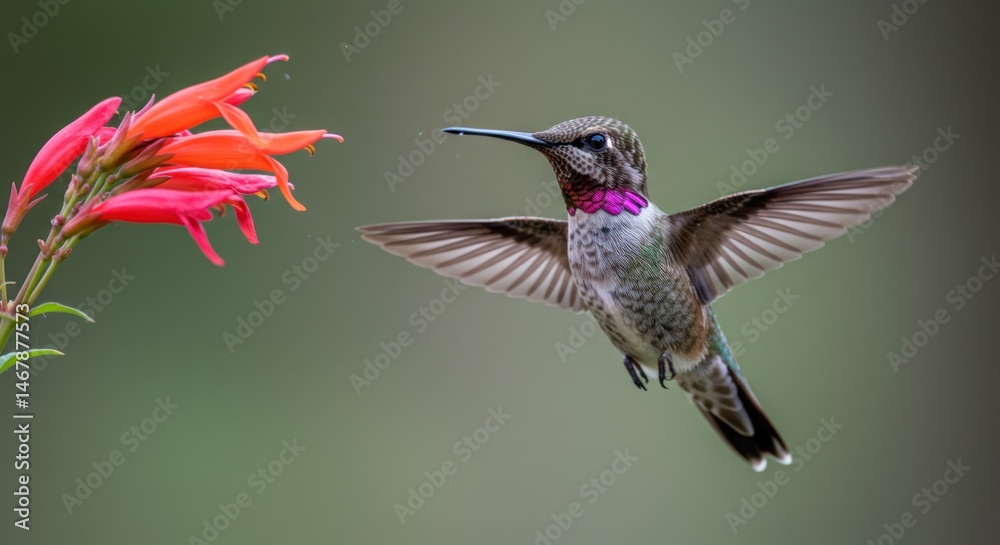 Fototapeta premium Hummingbird flying near orange flowers with blurred green background.