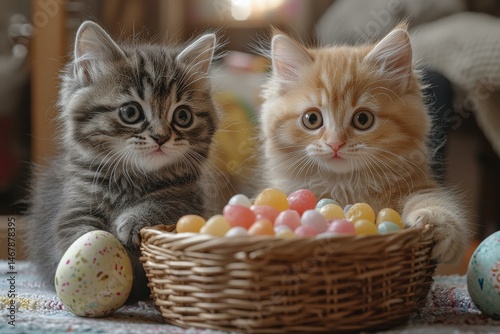 Two kittens and an Easter basket. AI.