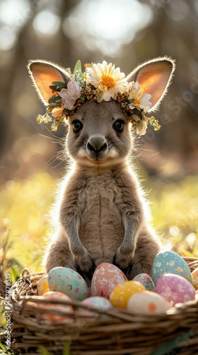 Cute joey with a flower crown. AI.