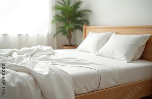White bedsheets with pillows in bedroom interior. Natural light from window. Wooden bed frame with white linen. Comfortable cozy room. Home decor with plants. Modern hotel apartment.