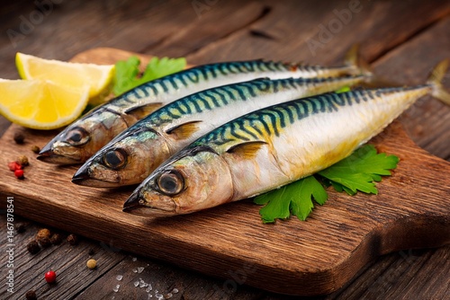 Fresh mackerel lies on a rustic wooden cutting board, accompanied by slices of lemon and green herbs, ready for cooking or grilling at a home kitchen setting