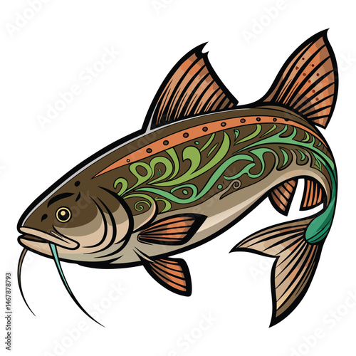 A whimsical cartoon catfish, boasting vibrant tribal tattoos and a dramatically spiked dorsal fin, swimming playfully.