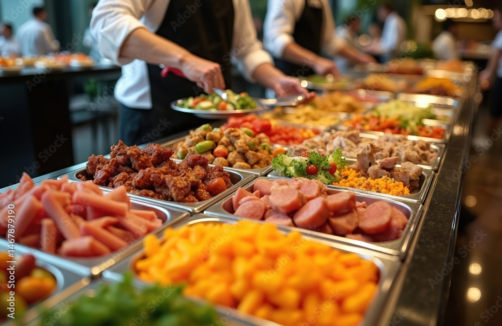 Obraz premium Buffet table with various foods in restaurant. Waiters serving fresh delicious meals with meat vegetables salads for lunch dinner breakfast. Catering food, banquet for special events.