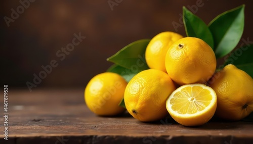 Several calamansi fruits sit on rustic wooden table against brown backdrop , vitamin c, yellow